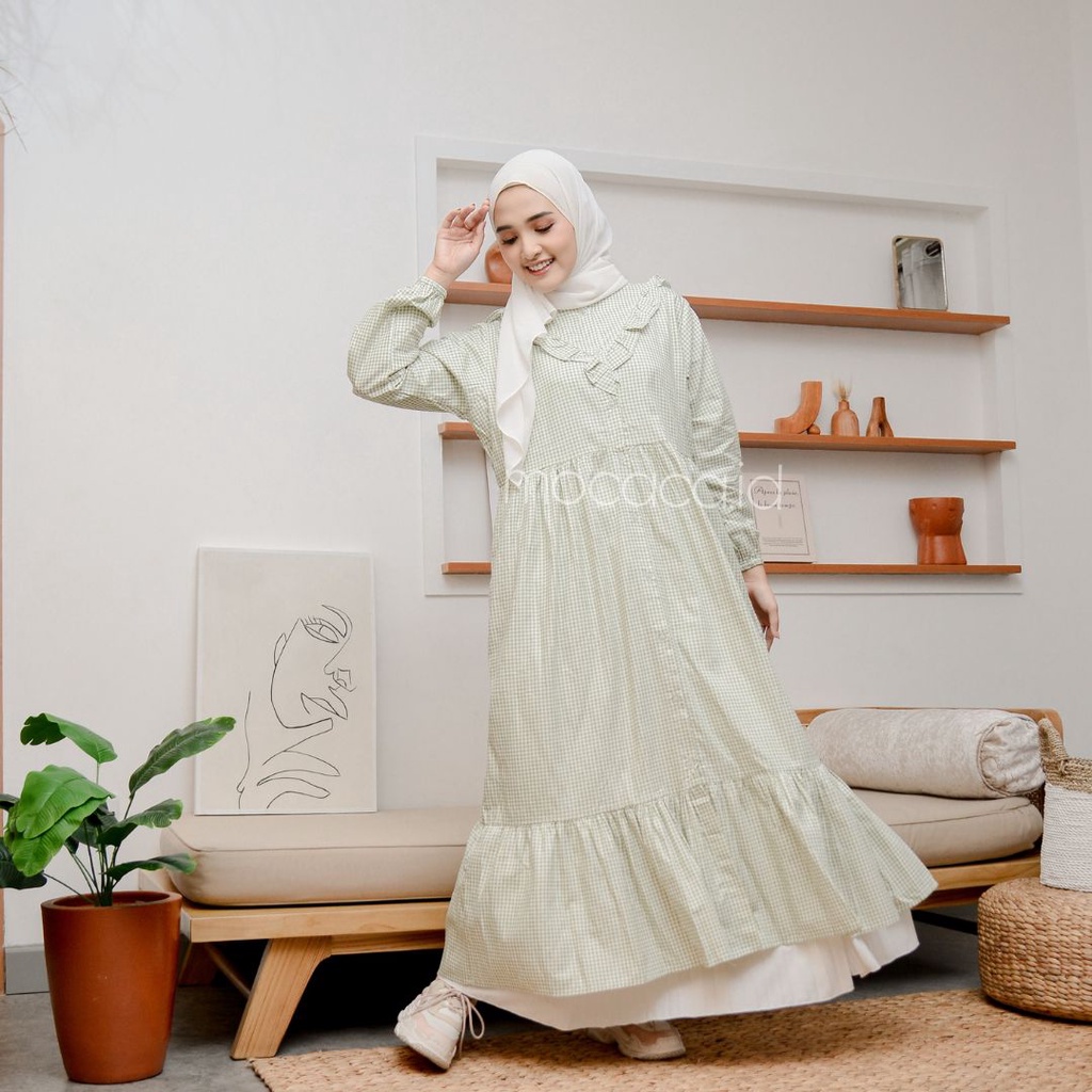 midi dress katun jepang premium busui friendly motif kotak kecil pastel baby warna soft ada saku bisa gosend
