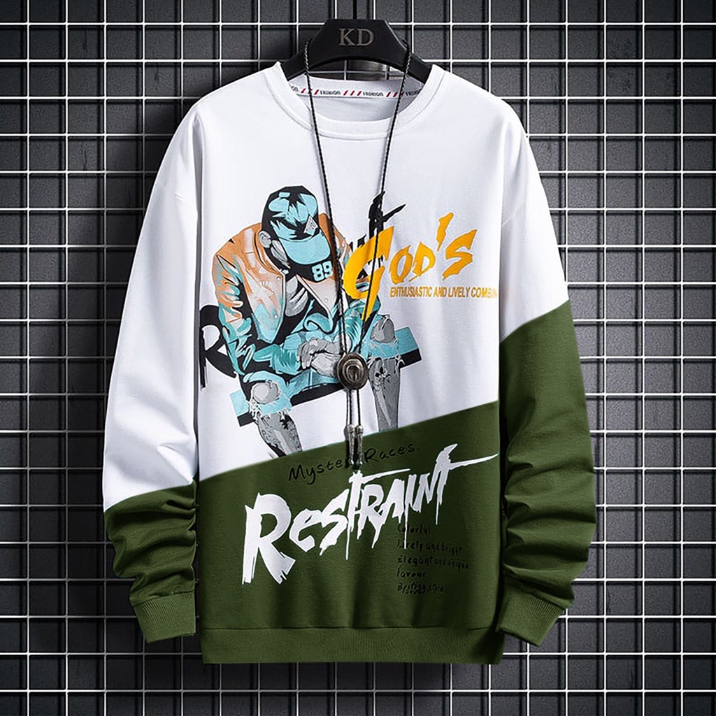 KIYOWO Baju Pakaian Atasan Kaos Distro Sweater Restrain Lengan Panjang Pria