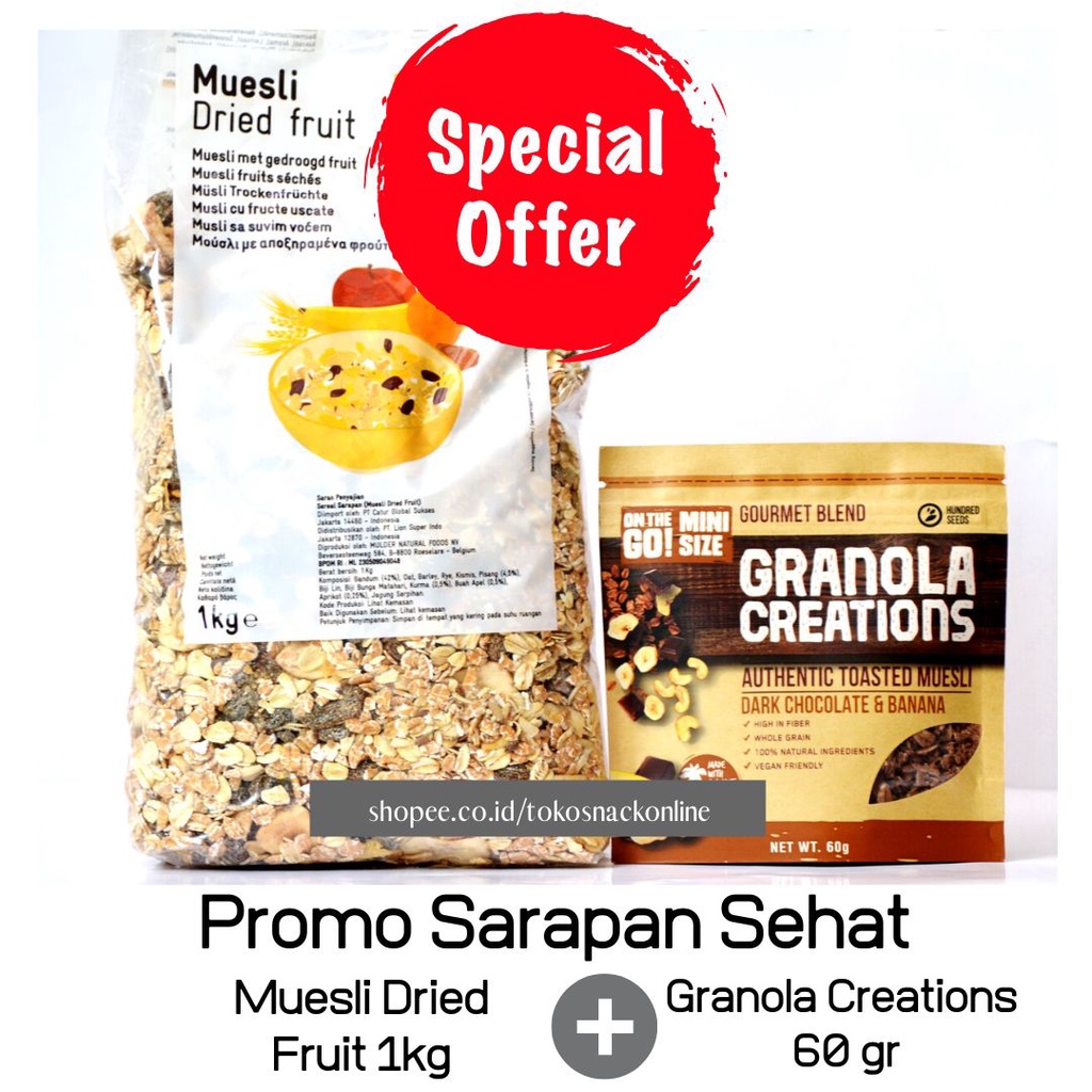 

Paket Muesli Dried Fruit 1 kg dan Granola Creations 60gram Super Laris