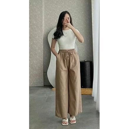 Celana Kulot wanita Linen rami SEOUL Highwaist Premium Pinggang Full karet Lembut Cod muat sampai BB 70 Kg