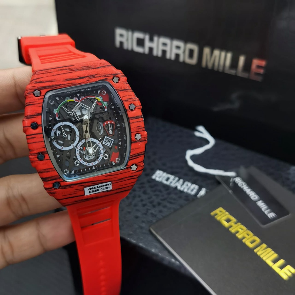 JAM TANGNA PRIA RM 50-03/01 ANALOG BODY MERAH RUBBER CRONO OFF TANGGAL AKTIF DIAMETER 4,6 CM + BOX E
