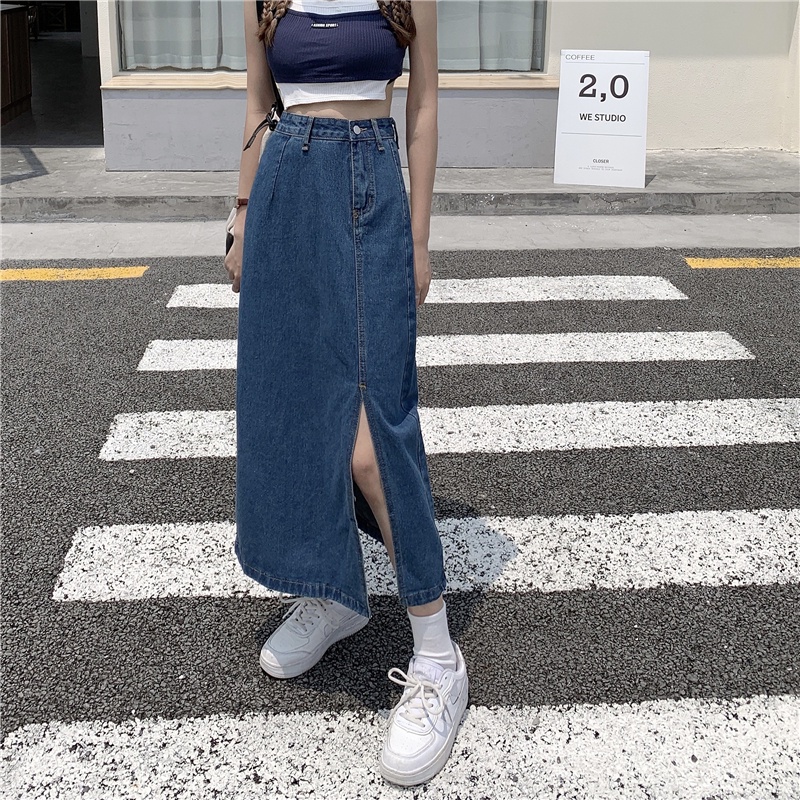 rok denim pinggang tinggi rok midi korea style high waist retro rok a-line