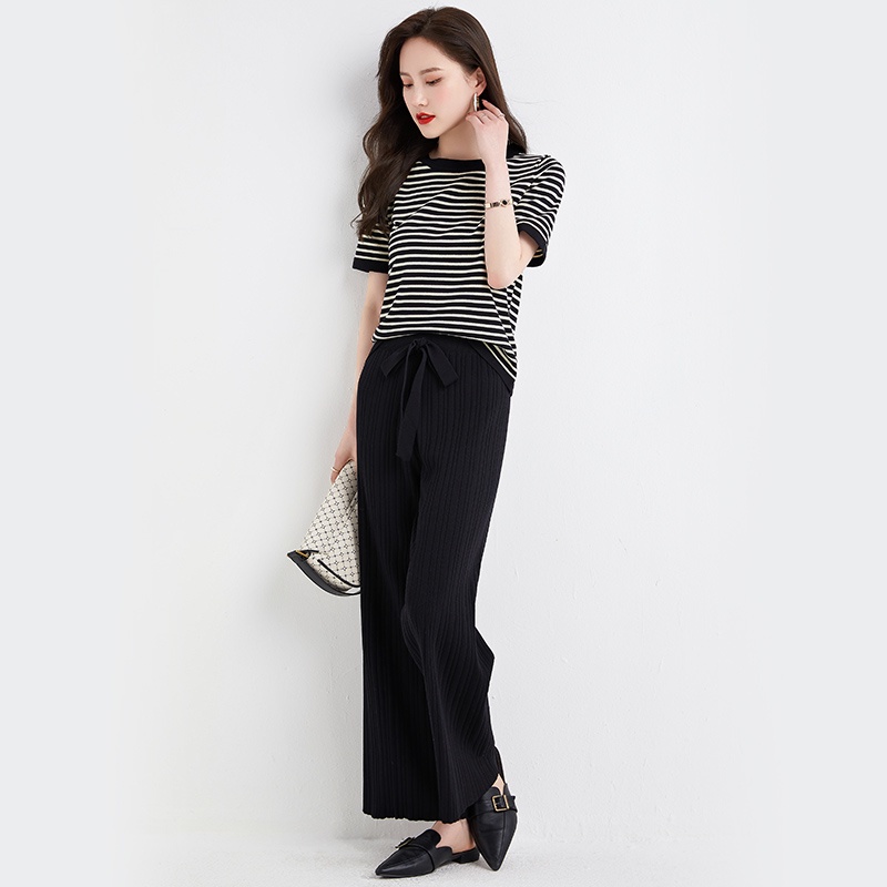 【Elegant】Korean Summer  Highwaist Long Pants &amp; Short Sleeve T-Shirt One Set   7479