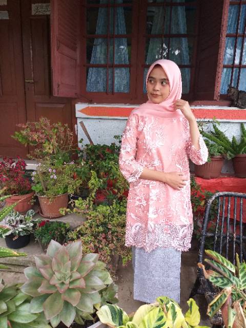 Baju kurung tulle bordir 3D peach