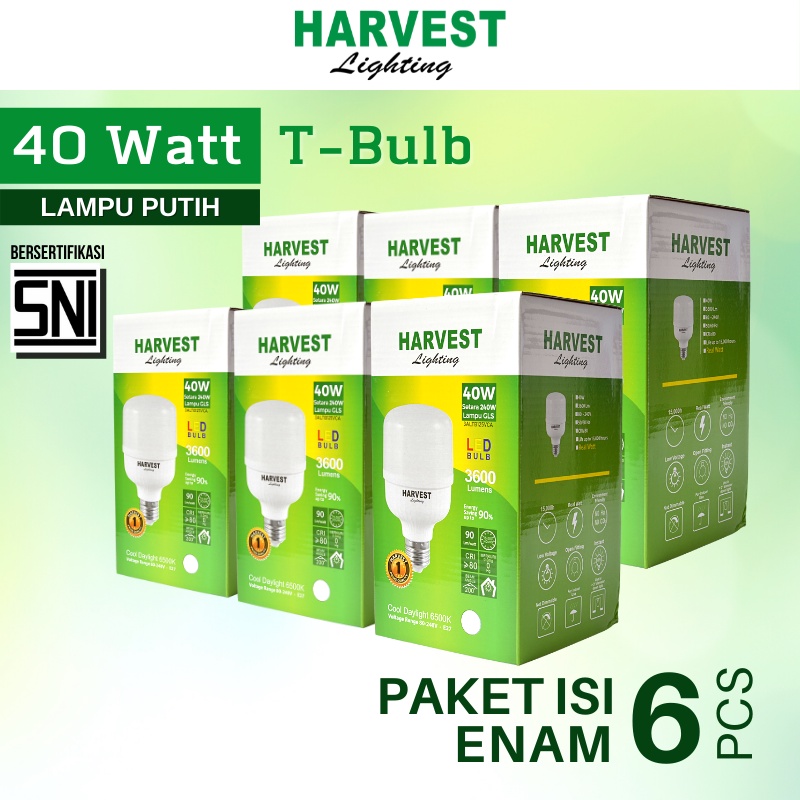 40W - Paket Isi 6 - HARVEST LIGHTING Lampu Kapsul LED T-Bulb 40 watt Lampu Hemat Energi Original Bersertifikat SNI dan Bergaransi