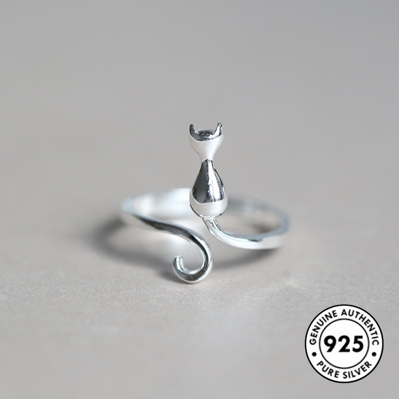 Cincin Sterling Silver 925 Desain Kucing Artistik Lucu Untuk Wanita