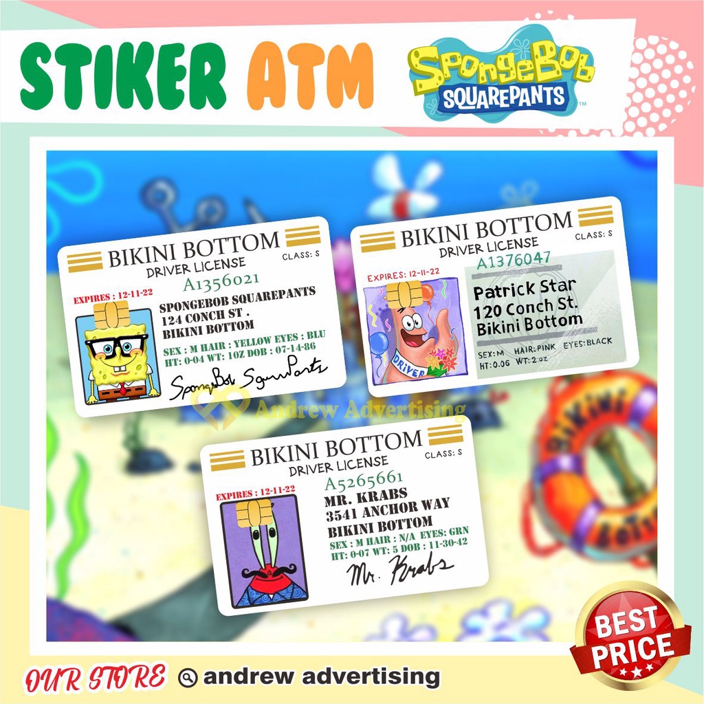 STIKER ATM SPONGEBOB | GARSKIN / STIKER KARTU ATM / SKIN KARTU ATM / DEBIT / CREDIT / EMONEY / FLAZZ