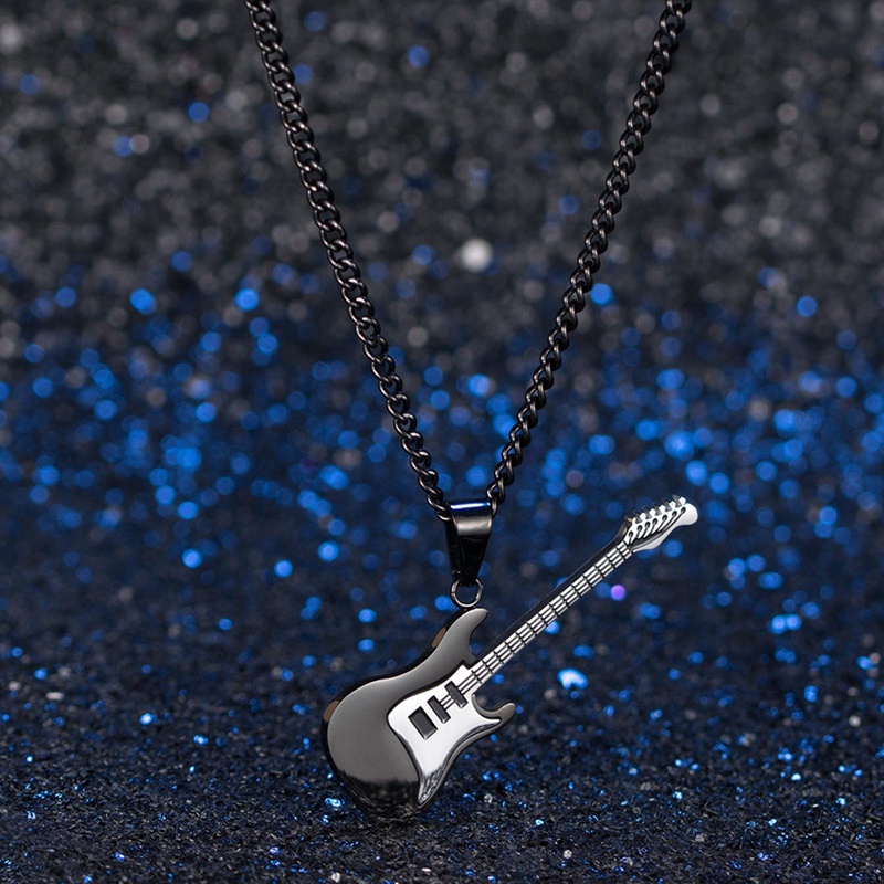 Kalung Rantai Liontin Gitar Musik Rock Warna Emas Hitam Silver Bahan Titanium Steel Untuk Pria Dan Wanita