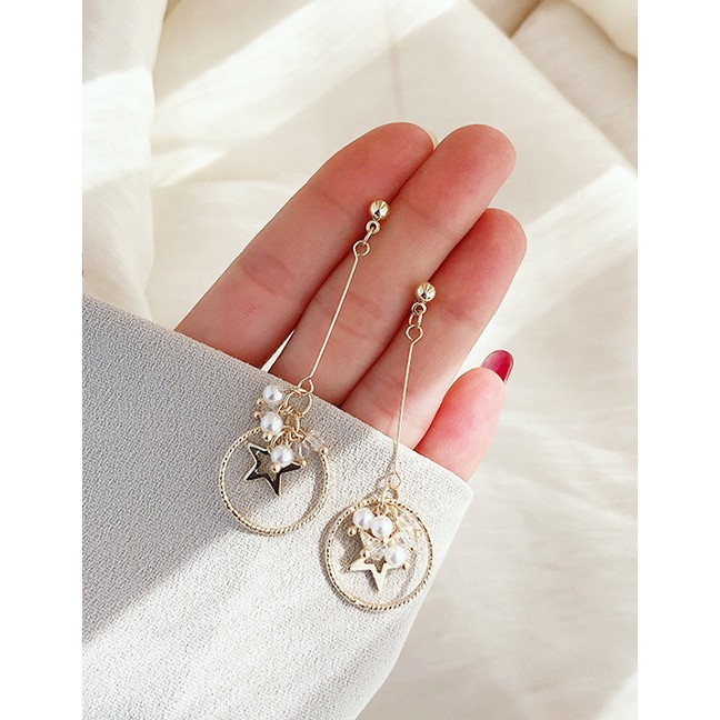 LRC Anting Tusuk Fashion Golden Crystal Tassel Star Circle Zircon P92780