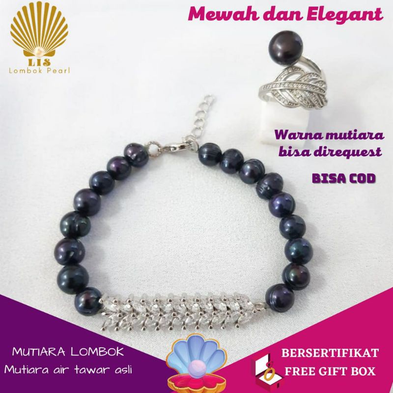 GELANG CINCIN MUTIARA LOMBOK MUTIARA AIRTAWAR SPACER PANJANG FULL MUTIARA HITAM