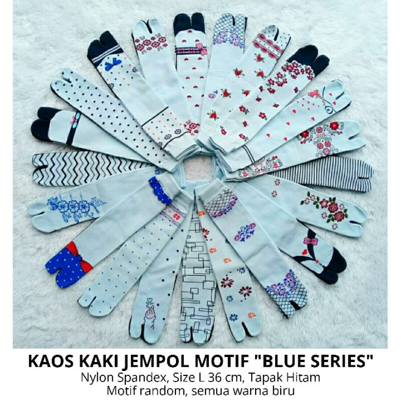 Kaos Kaki Jempol Wanita Muslimah Motif &quot;Blue Series&quot;, Seragaman Warna Biru, Nylon Spandex Size L