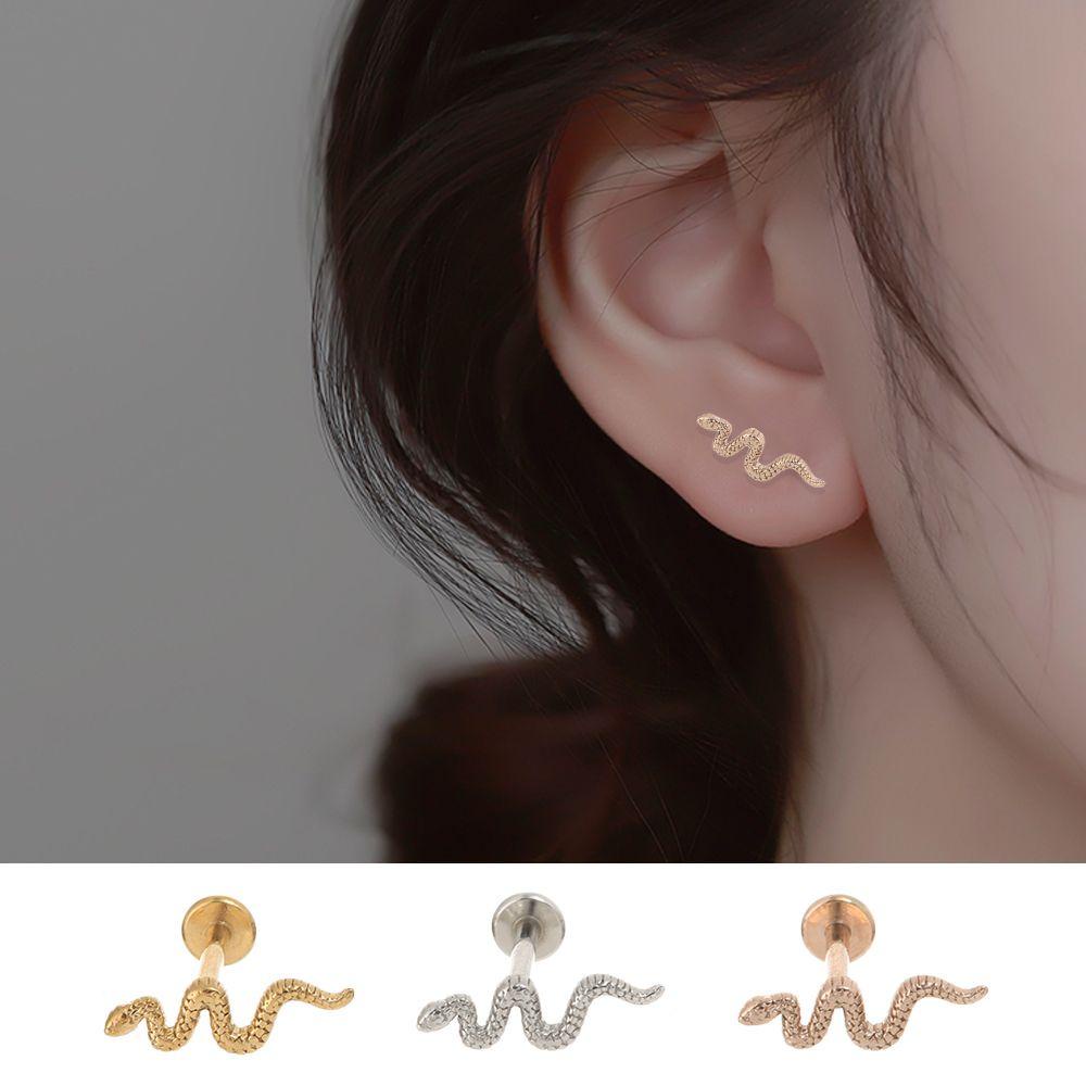 Nanas 1pcs Ear Stud Ujung Datar Bentuk Ular Implan Perhiasan Tindik Baja Kelas