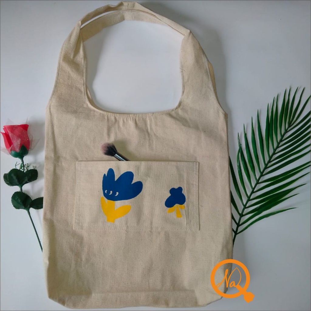 Totebag Vintage Tas tote Big Bahan Kanvas Tebal Tote Bag Kanvas-Bunga Navy Kuning