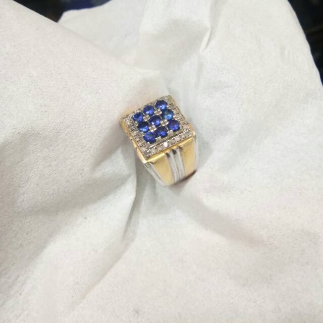 Cincin berlian pria mata utama blue safir 9pcs keliling berlian eropa ring perak ringsize 19/20
