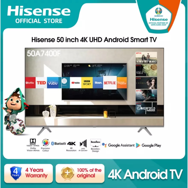 HISENSE 50 inch 4K UHD Android Smart TV - Precision Colour - Bezelless Design - Dolby Audio - Blueto