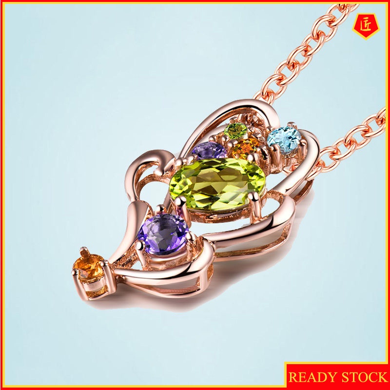 [Ready Stock]Leaf-Shaped Colorful Gemstone Pendant 18K Rose Gold Exquisite Elegant