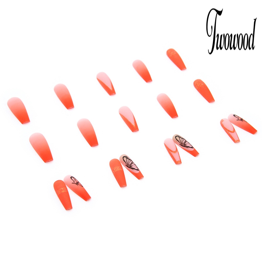 Twowood 24Pcs / Set Kuku Palsu Motif Kupu-Kupu Bahan ABS Tahan Pudar Untuk Nail Art / Manicure