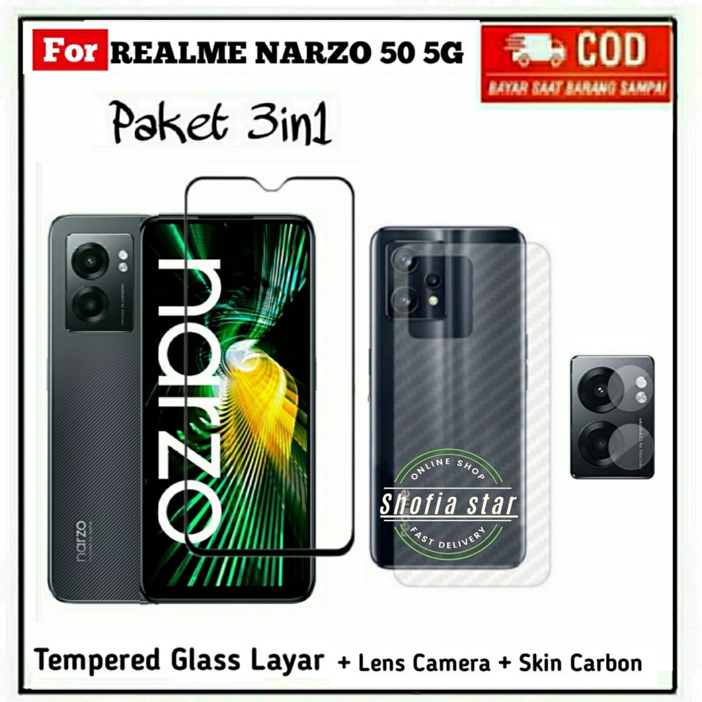 3IN1 TEMPERED GLASS NARZO 50 5G TG LAYAR ANTIGORES KACA FULL COVER