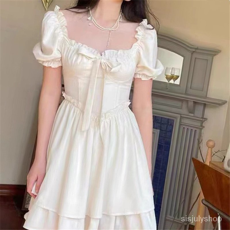 #Sisjuly# Gaun Wanita Desire Murni Lengan Puff Leher Persegi Gaun Warna Solid Manis Super Peri