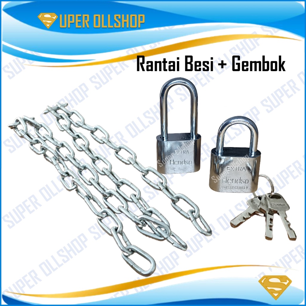 Gembok Rantai Besi 100 Cm Slot Kunci Pengaman Sepeda Motor Pagar Rumah Besi 1/8&quot;  3 MM Galvanis / 1 Paket Gembok 30 MM