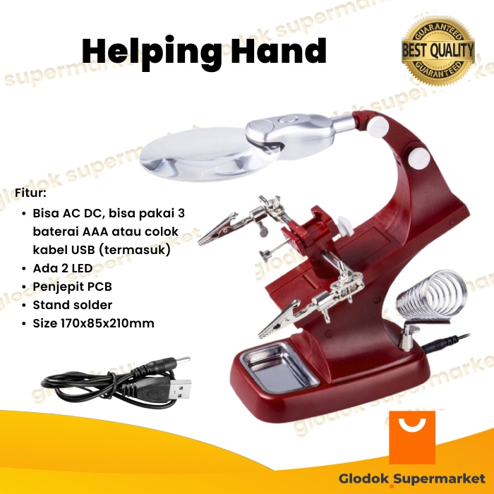 Helping Hand Magnifier 2 LED Alat Bantu Solder Kaca Pembesar Jepit PCB AC DC