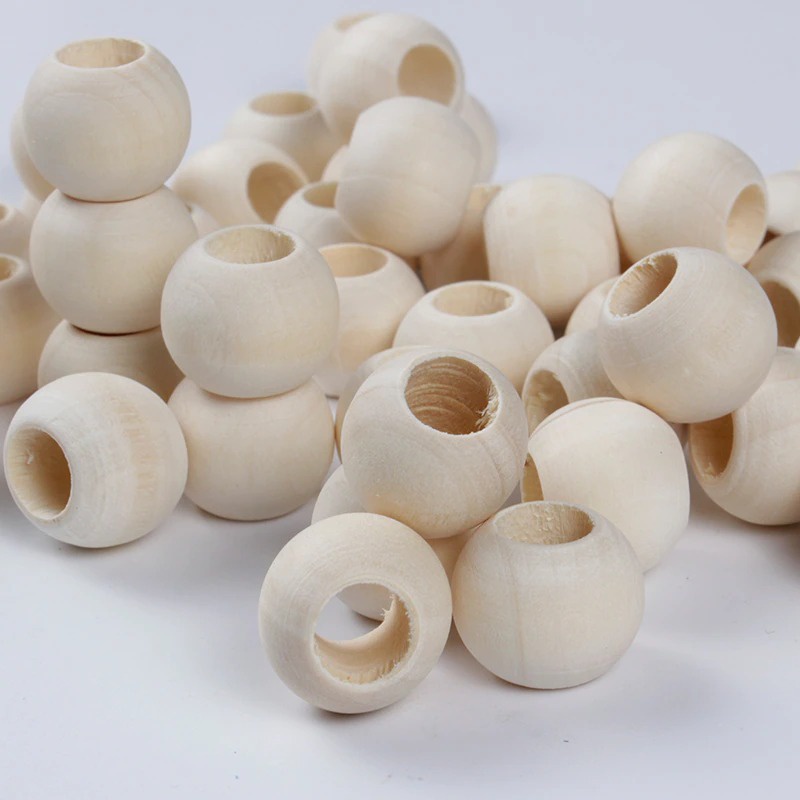 [6 PCS] Manik Kayu Bulat Natural / Wooden Beads Bulat Lubang Besar