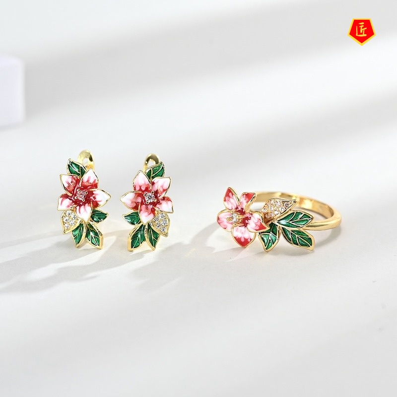 [Ready Stock]Women's Elegant and Exquisite 18K Gold Earrings Flower Ring Set