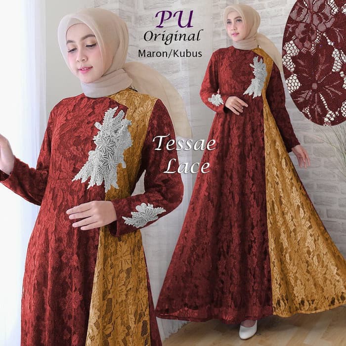 SPESIAL ATASAN PAKAIAN WANITA MUSLIM GAUN SETELAN baju pesta mewah brukat tessae lace maron kubus or