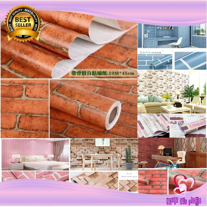 Promo Murah Wallpaper Dinding Bata Biru Coklat Hitam Merah Mix Premium Real HD 3D 45cm x 4,5m