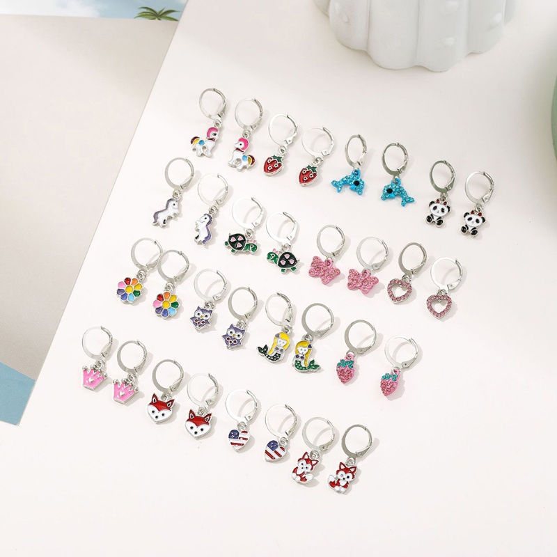 SIY  16 Pairs Mixed Cute Animals Earrings Panda Heart Dolphin Owl Crown Strawberry Hoop Drop Earrings Set Fashion Jewelry