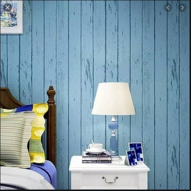 Wallpaper sticker dinding motif KAYU PALET GARIS BIRU