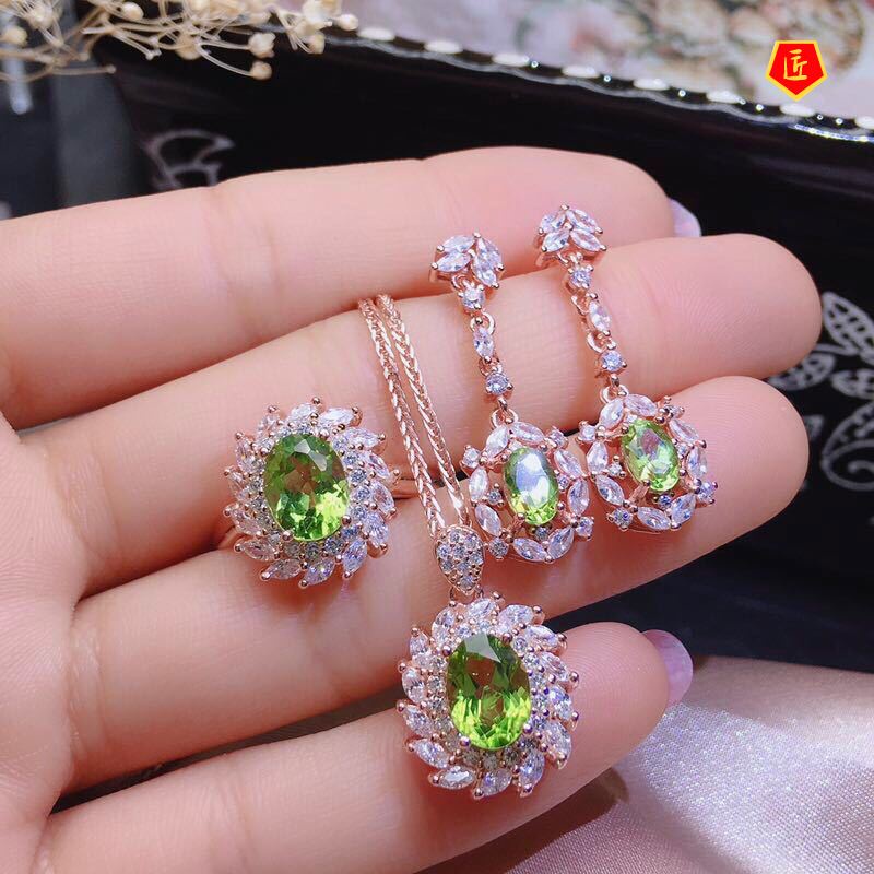 [Ready Stock]Olivine Colored Gems Pendant Full-Jeweled Stud Earrings Open Ring Set