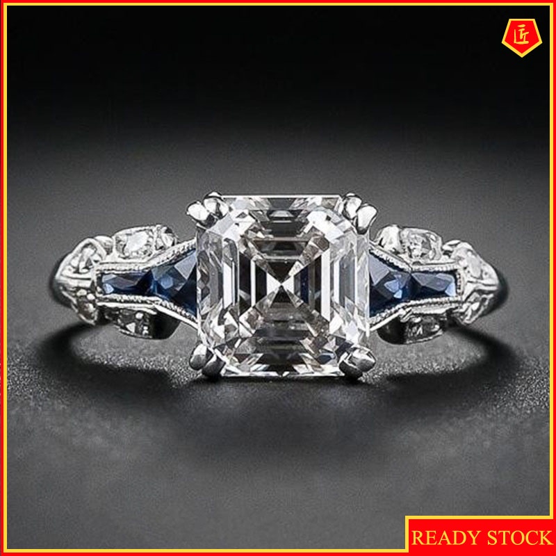 [Ready Stock]Irregular Trapezoid Square Diamond Topaz Sapphire Ring 925 Silver Fashion