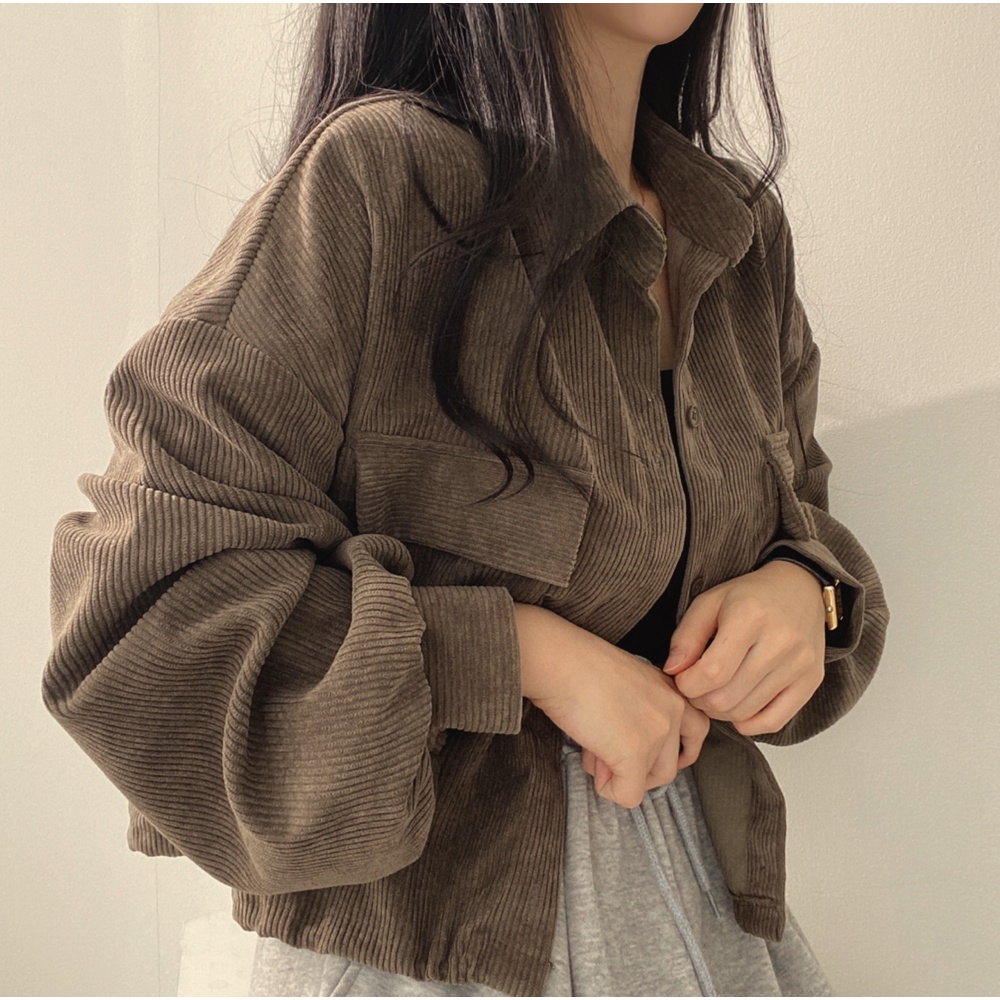 outer crop top corduroy wanita lengan panjang outer korean style