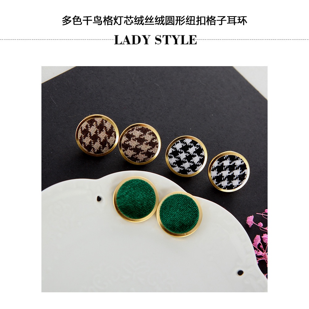 Jepang dan Korea bulat multi warna houndstooth corduroy beludru bulat Kotak-kotak anting-anting Kore