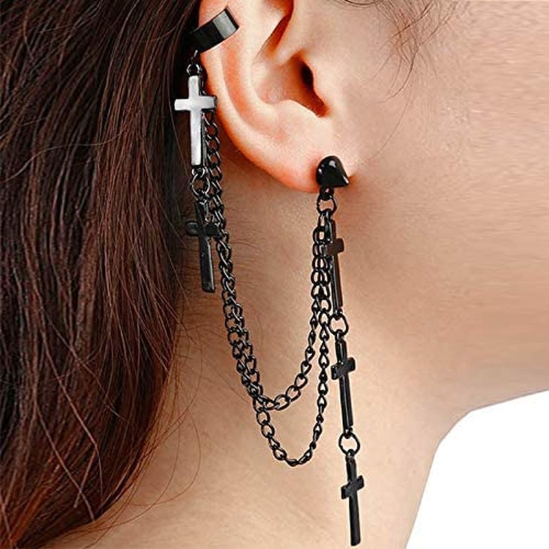 1 Pc Anting Stud Rantai Rumbai Liontin Salib Gaya Punk Elegan Untuk Wanita