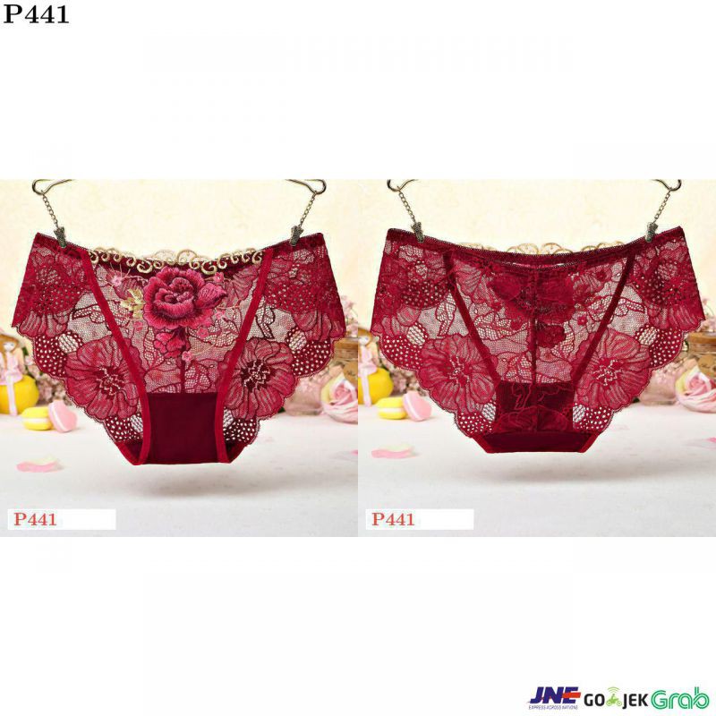 Celana Dalam Panties Hipster Marun Transparan, Bordir Bunga