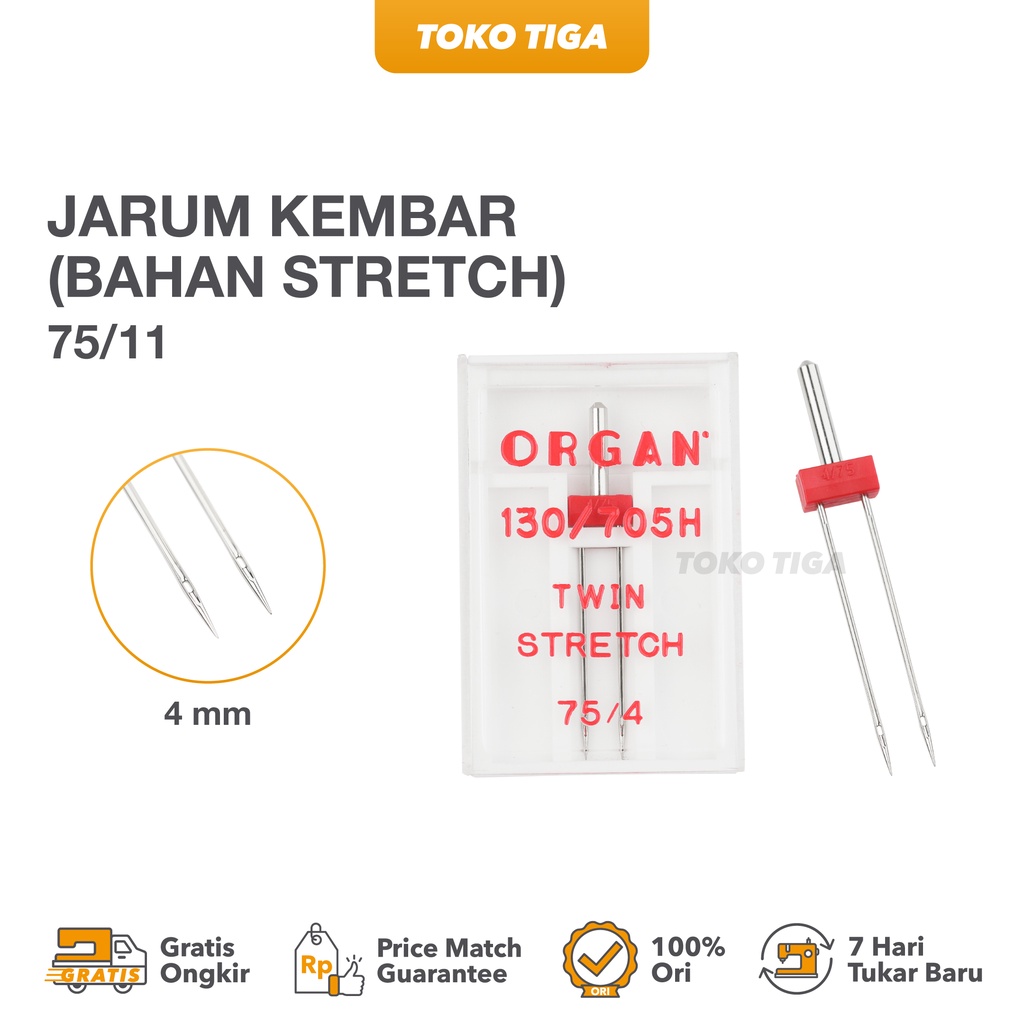 Organ Twin Stretch Needles - Jarum Kembar Bahan Melar Ukuran 75/4mm