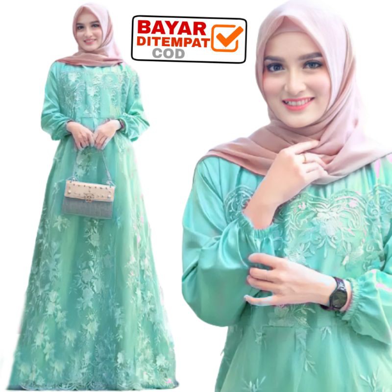 Size L XL XXL / Gamis Muslim Farasya / Maxi Brukat Selma Tulle Premium Jumbo Murah Brokat Navy Marun-5