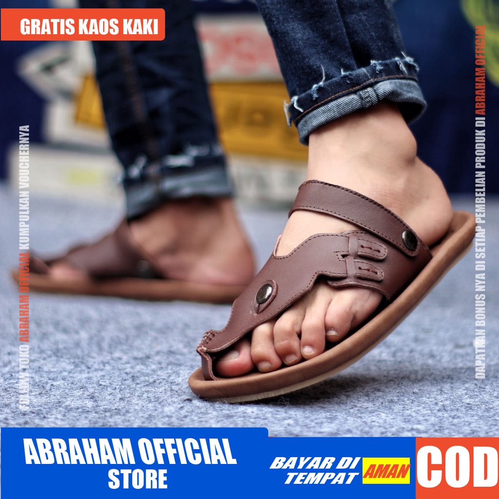 ABRHM LUCKY Sandal Slide Pria Sandal Selop Pria Kulit Asli Sandal Slop Cowok / Cowo Keren Kekinian