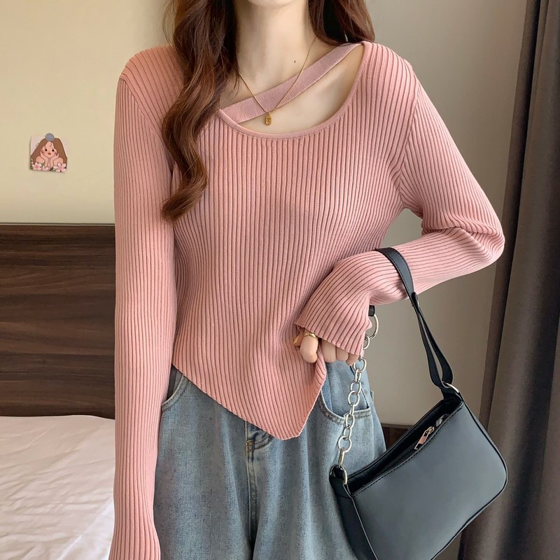 YIU YIU Rajut - Sweater Rajut Crop Top Lengan Panjang Wanita Korean