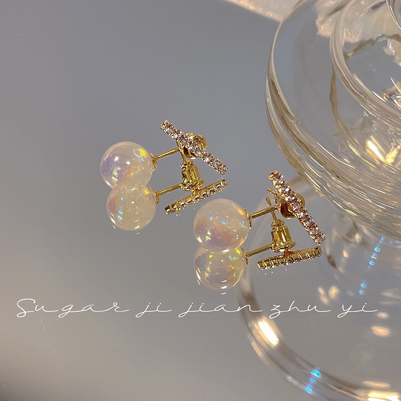 Anting Stud Kristal Mutiara Opal Bentuk Bunga Pink Untuk Wanita