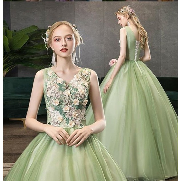 Gaun pengantin hijau elegan slim fit bordir renda gaun pernikahan ball gown