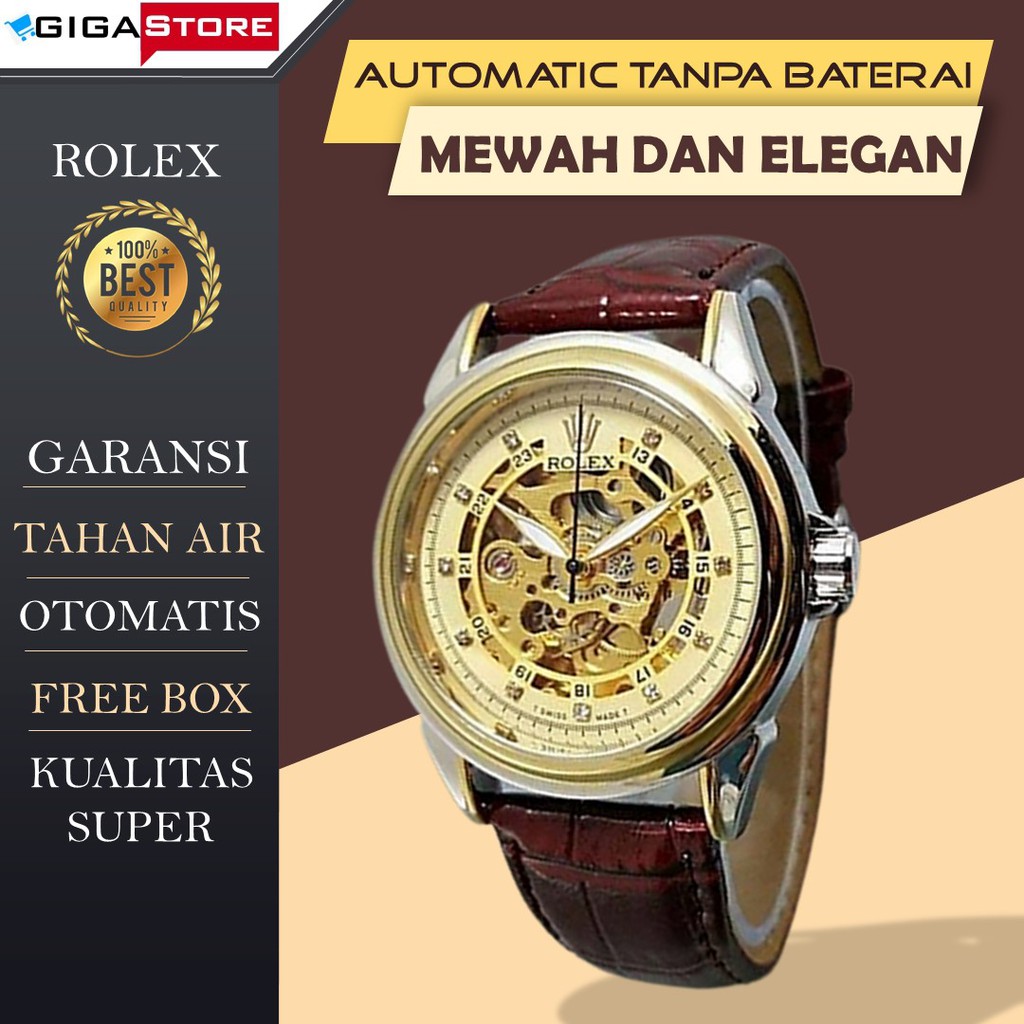 JAM TANGAN PRIA ROLEX AUTOMATIC SKELETON R015 HITAM ANALOG TALI KULIT TANGGAL AKTIF ANTI TAHAN AIR