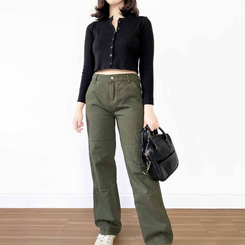 Cargo Highwaist Wanita Long Cargo Pants Army Size XS - XXXL(27-38) American drill