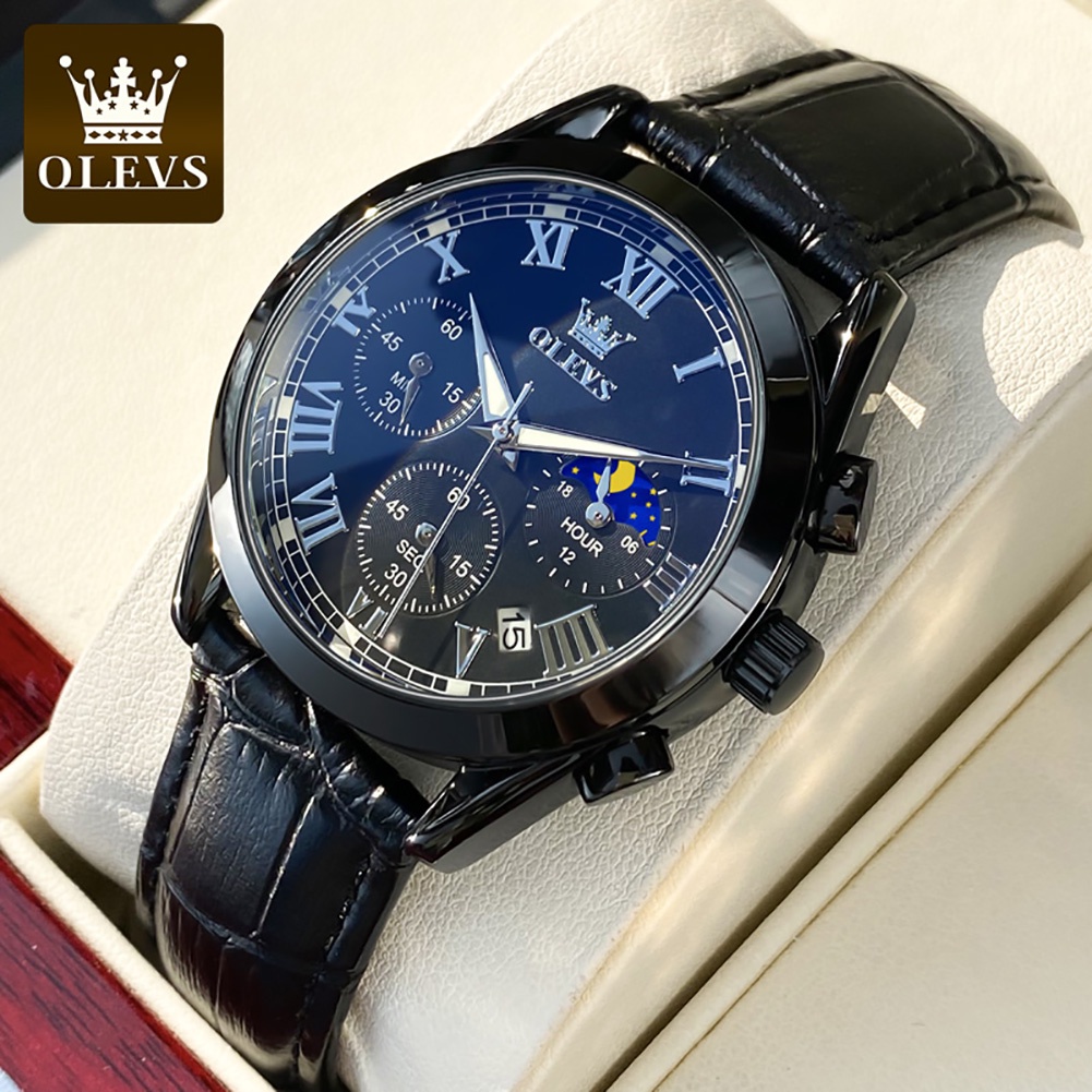 OLEVS Jam Tangan Pria Original Anti Air Kulit Tahan Keren Luxury Chronograph Watch Men Multifungsi Hitam Coklat Cod