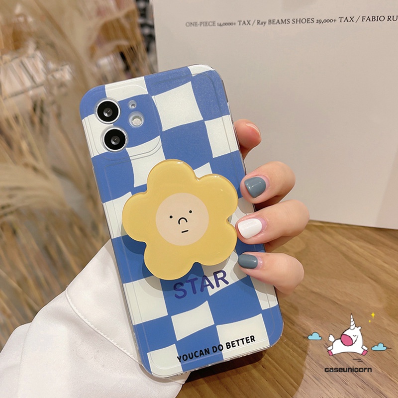 3D Flower Popsocket Soft Tpu Phone Case for iPhone 7 8 plus iPhone 11 12 13 pro max XS Max XR X 6 6s 7 8 plus SE 2020 Blue Grid Shockproof Phone Case