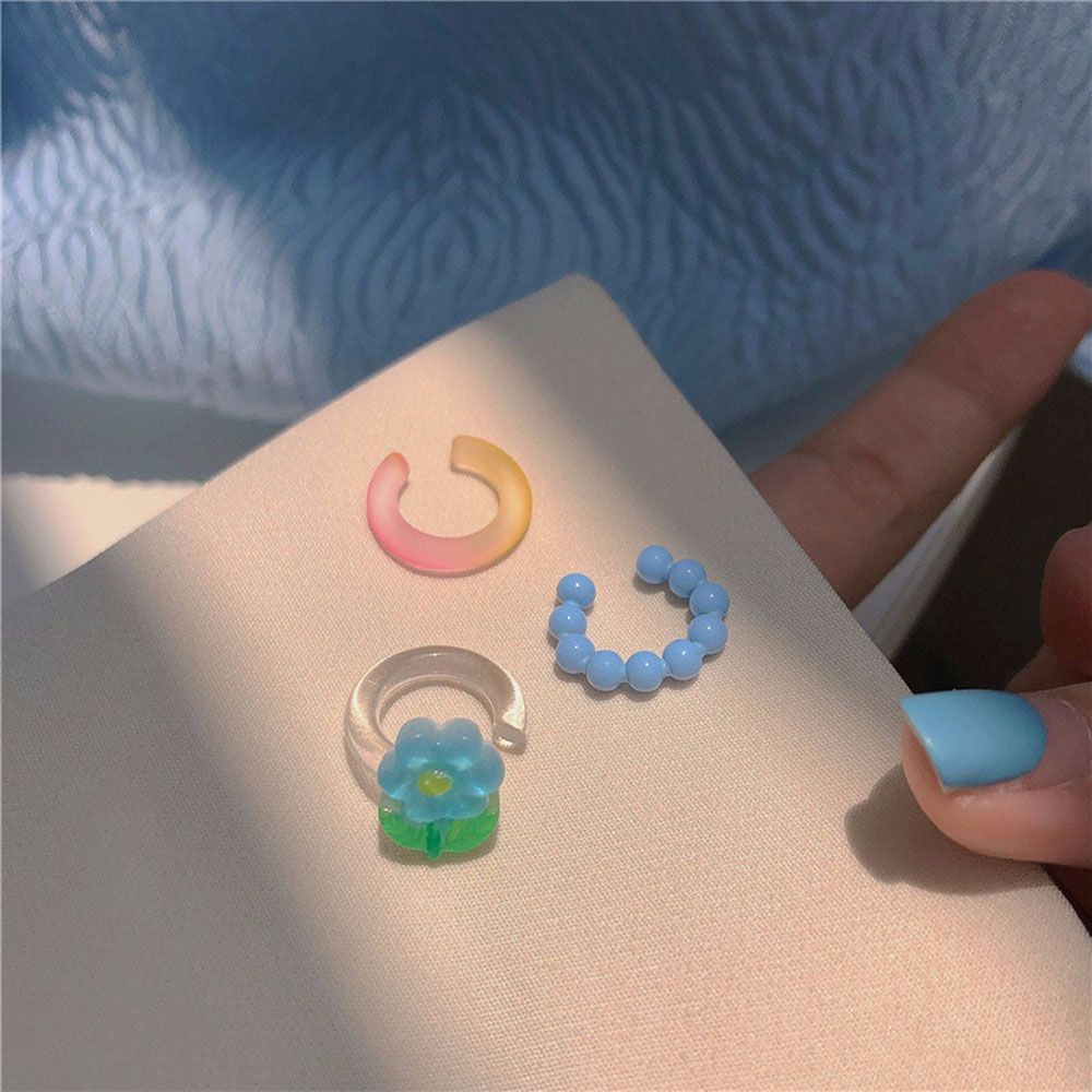 Needway  3Pcs/Set Flower Ear Clip Korean Clip Earrings Ear Bone Clip Candy Color Without Ear Hole Fashion Jewelry Beaded Sweet Cute Lovely Resin Acrylic Cartilage Clip/Multicolor