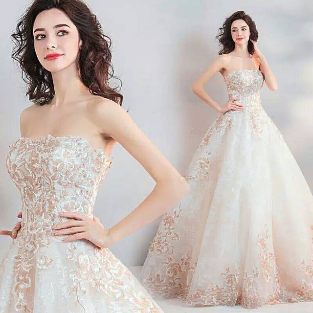 Gaun Pengantin Gaun Pesta Pernikaha Malam Putih Elegant Bordir Renda Mutiara Maxi Ball Gown