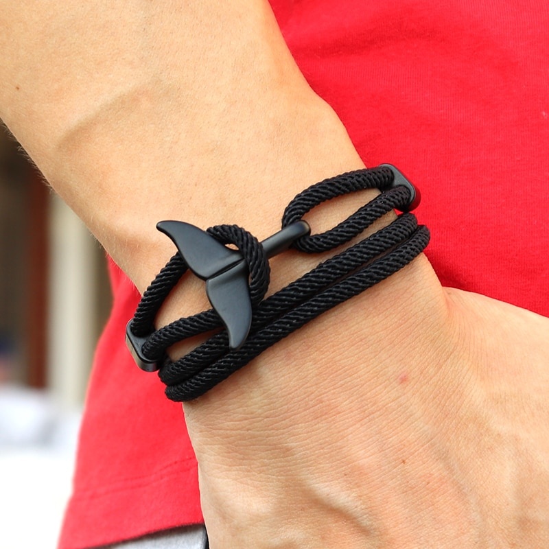 WHALE CHARMS Gelang Tali Kepang Handmade Adjustable Gaya Viking Dengan Charm Ekor Ikan Paus Untuk Pria
